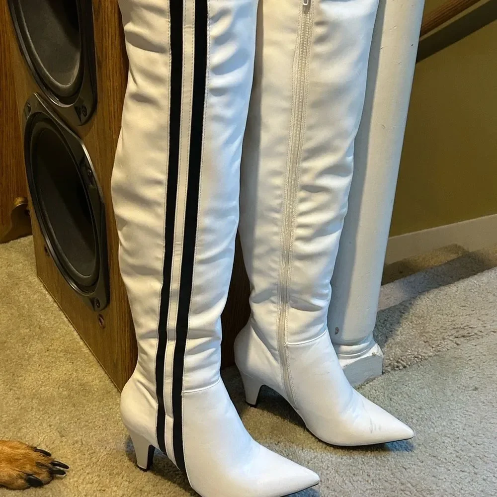 Wild Diva White Thigh-High Boots with Black Stripe